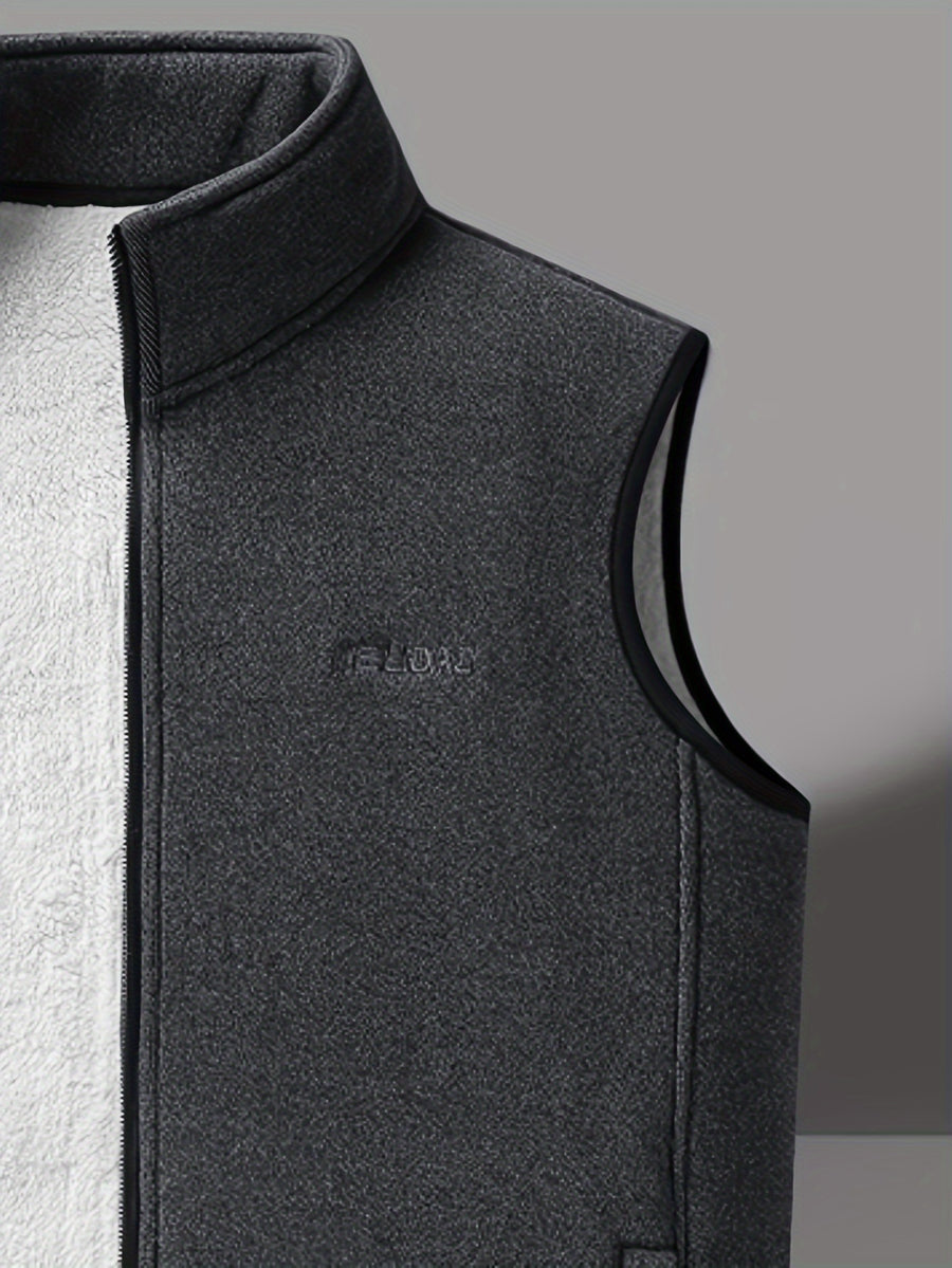 Men's Autumn Winter Casual Fleece-Lined Vest, Thickened Faux Blend Fleece Stand Collar Cardigan Vest for Outdoor and Home Wear, Warm Sleeveless Jacket Vest - Grey