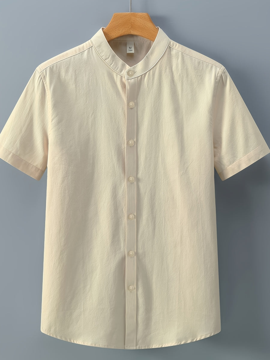 Single-piece Solid-colored Men's Short-sleeved Shirt, Classic Button-up Cardigan Style, Loose and Unrestricted, Available in Multiple Colors, Suitable for Office Wear, Casual Outings, and More. - Khaki