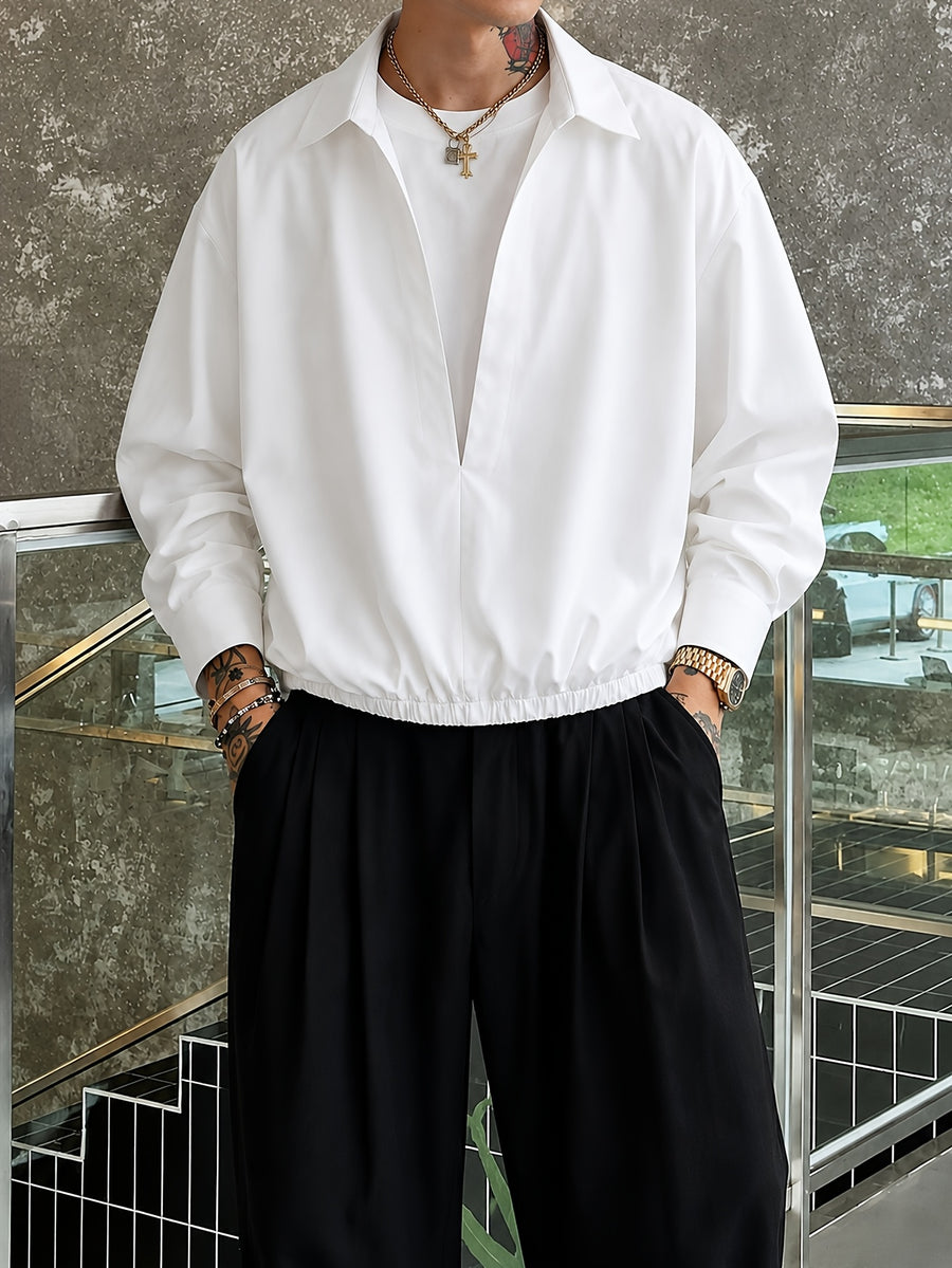 2-in-1 Look Double-Layer Long Sleeve Shirt, Color-Block Patchwork Casual Loose Fit Men's Top T-Shirt, Men's Shirt, Versatile V-Neck Lapel Pullover for Spring and Autumn, New Season - White