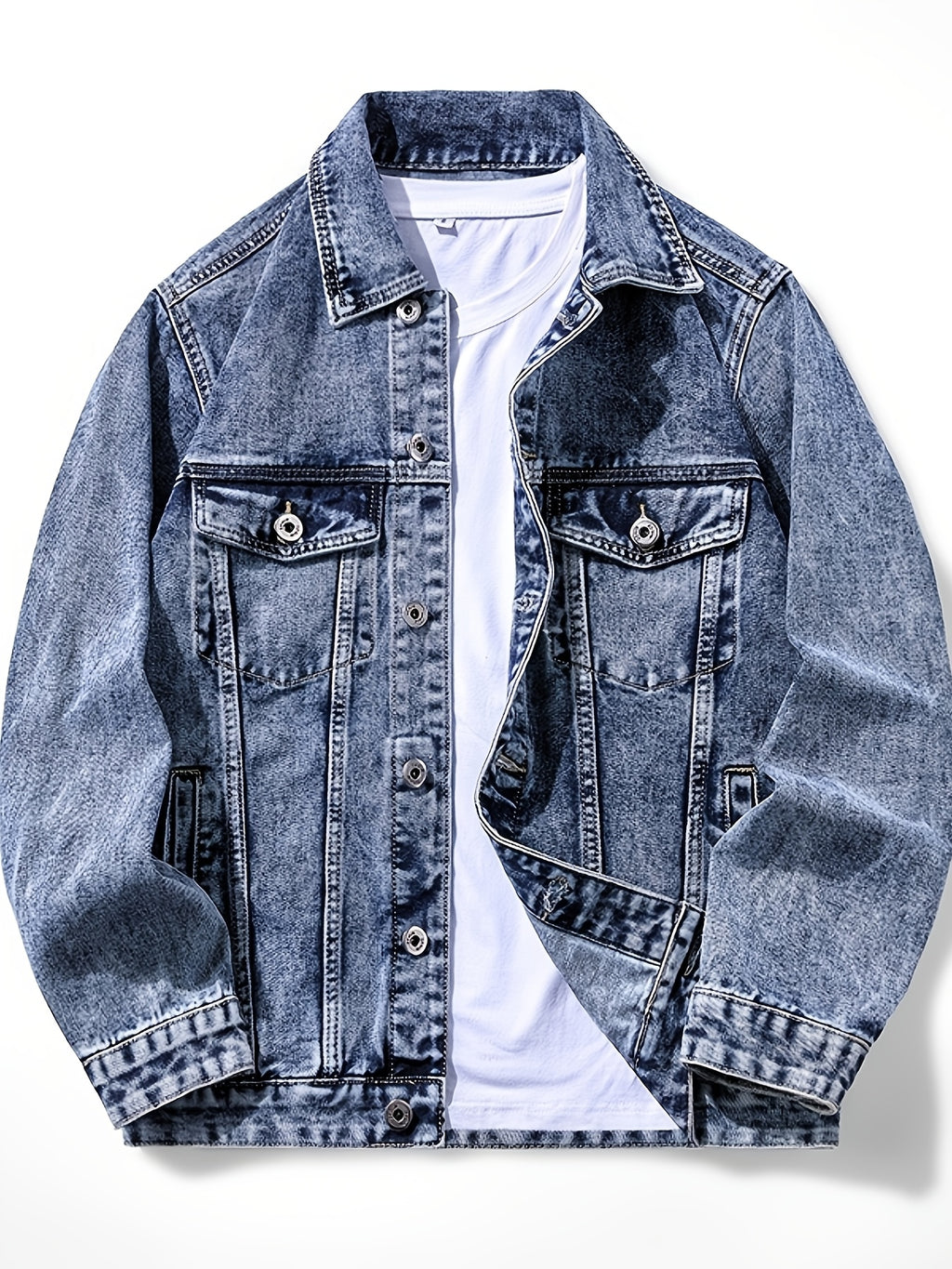Men'S Vintage Denim Jacket, Classic Lapel, Retro Washed Denim Coat, Multi-Color Casual Workwear Jacket - Sky Blue