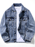 Men'S Vintage Denim Jacket, Classic Lapel, Retro Washed Denim Coat, Multi-Color Casual Workwear Jacket - Sky Blue
