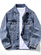 Men'S Vintage Denim Jacket, Classic Lapel, Retro Washed Denim Coat, Multi-Color Casual Workwear Jacket - Sky Blue