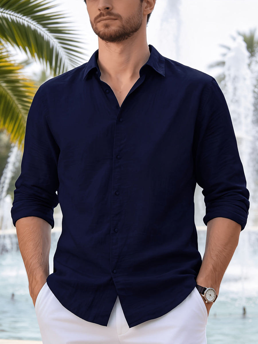 Men'S Casual Shirt, Lightweight And Breathable Linen Shirt, Summer Button-Up Collar, Fashionable And Versatile, Suitable for Outdoor Leisure And Daily Wear () - Navy Color