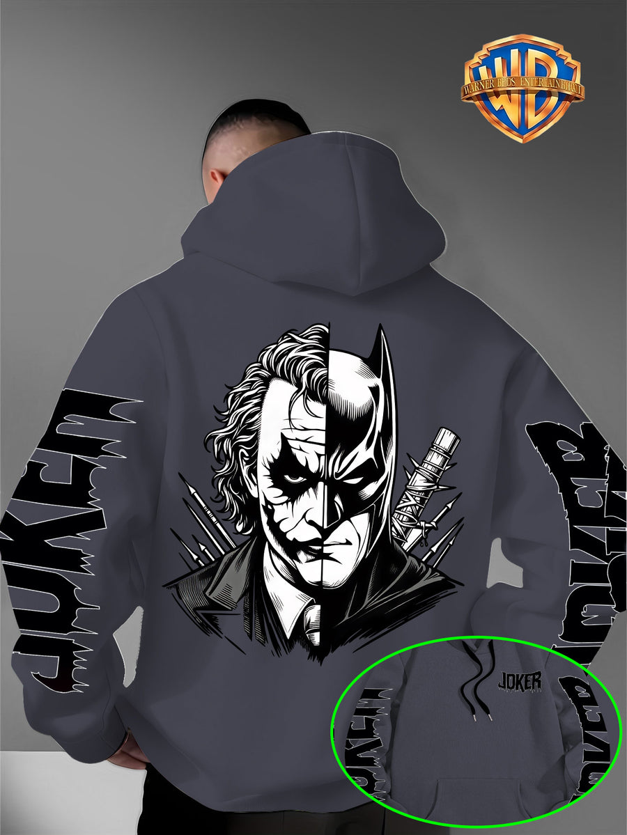 Men'S Warner DC Comics Enthusiast Autumn Winter Hooded Sweatshirt, Batman Joker Half-And-Half Black White Sketch Double-Sided Print Loose Casual Hoodie, Suitable for Superhero Fans, Campus Daily Outings, Casual Shopping - Dark Gray