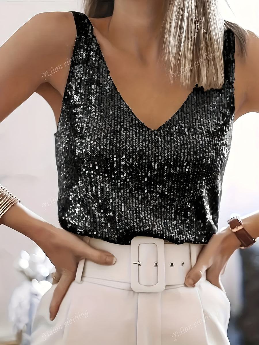 Sequin V-neck Vest, Elegant and Sexy Sleeveless Top, Suitable for Summer and Spring, Women's Clothing - Black