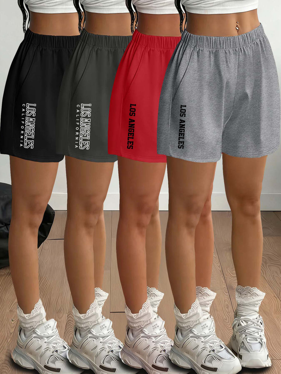2026 Spring Summer New Women'S Bottoms Fashion Easy Los Angeles Letter Print Leg-Lengthening Casual Home Light Individual Outing Commute Elastic Waist Side Pockets Shorts 4pcs Set - Black+Dark Gray+Red+Light Gray