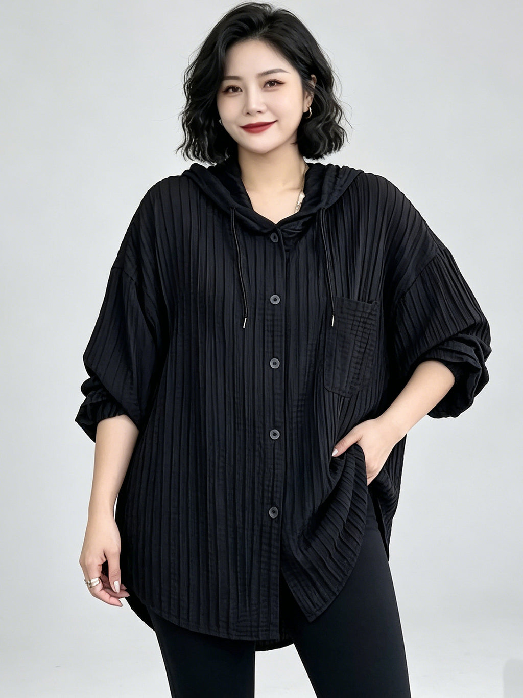 Plus Size Women's Vertical Stripe Hooded Shirt Thin Outer Jacket, Summer/Autumn Loose Lazy Style Mid-Length Cardigan, Breathable Casual Long-Sleeve Top, Versatile for Commuting - Black