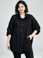 Plus Size Women's Vertical Stripe Hooded Shirt Thin Outer Jacket, Summer/Autumn Loose Lazy Style Mid-Length Cardigan, Breathable Casual Long-Sleeve Top, Versatile for Commuting - Black