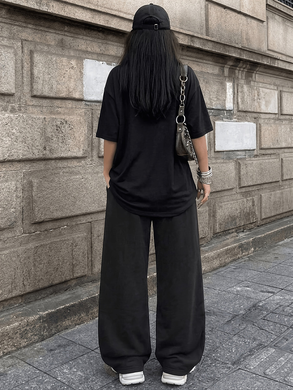 Women'S Casual Street Style No. 23 Print Round Neck Short Sleeve And Loose Drawstring Trousers, Women'S Trendy Suit, Suitable for Summer Street Wear - Black+black