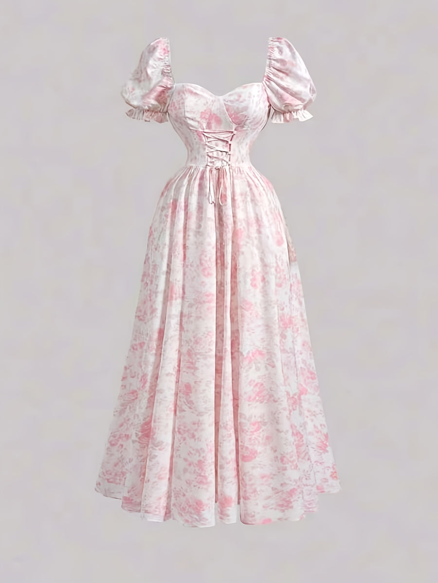 Ladies' New Spring And Summer Elegant Floral Print Long Dress, Bubble Sleeve Design, Front Waist Tie, Back Waist Shirred Waist, Elegant And Flowing, Romantic Long Dress, Suitable for Daily Wear, Party Gatherings, Vacation Holidays - Pink Color