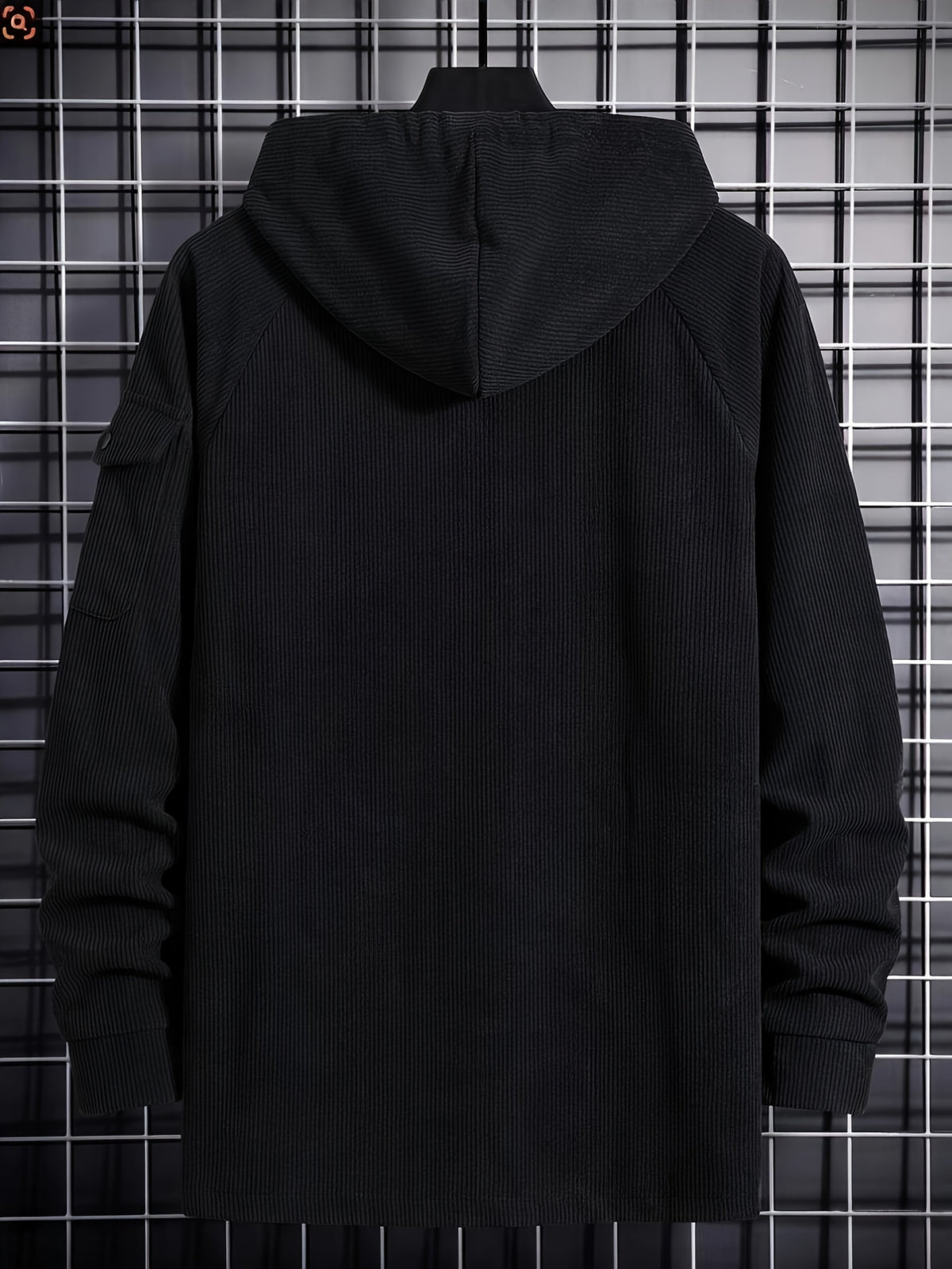 Christmas ! 1pc Men'S Corduroy Hooded Sweatshirt, Multi-Pocket Design, Retro Casual Style, Loose Fit, Ideal for Autumn/Winter Daily Outdoor Activities - Black