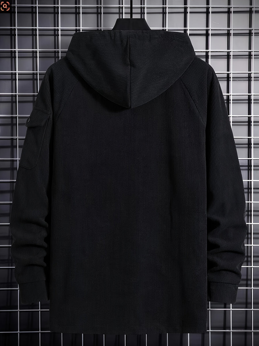 Christmas ! 1pc Men'S Corduroy Hooded Sweatshirt, Multi-Pocket Design, Retro Casual Style, Loose Fit, Ideal for Autumn/Winter Daily Outdoor Activities - Black