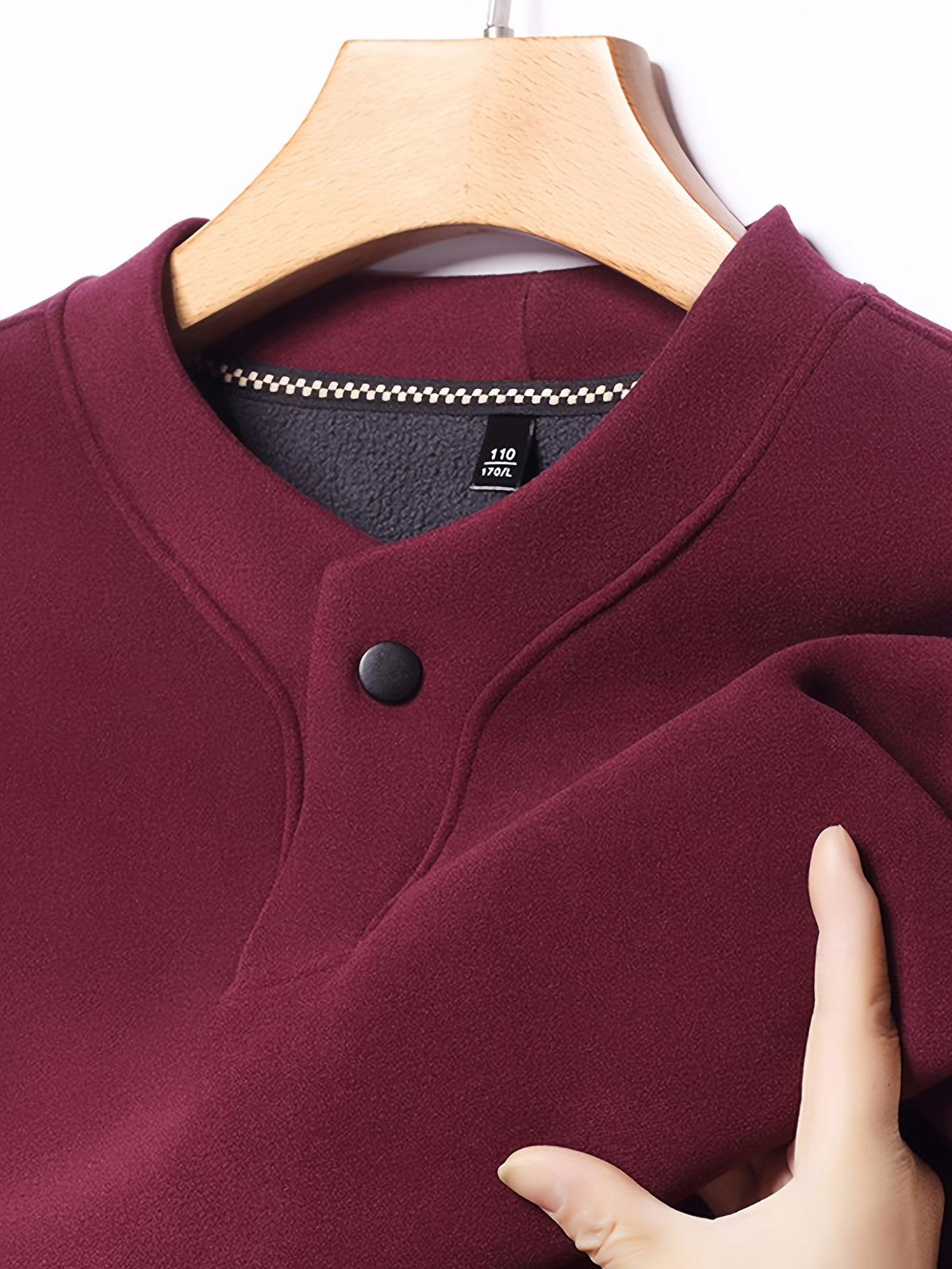 Men'S Single-Button Henley Collar Fleece Long Sleeve Top, Solid Color Minimalist Design Without LOGO, Light Luxury Easy Men'S Style - SINBOS - Burgundy