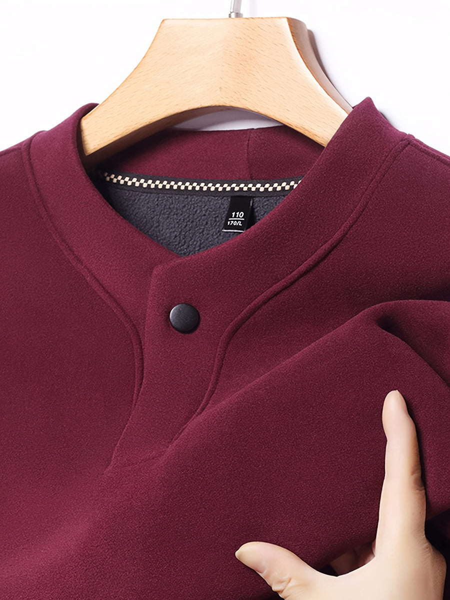 Men'S Single-Button Henley Collar Fleece Long Sleeve Top, Solid Color Minimalist Design Without LOGO, Light Luxury Easy Men'S Style - SINBOS - Burgundy