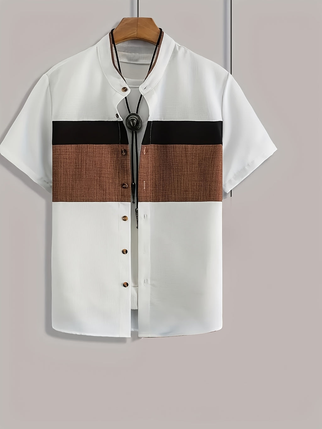Men'S Summer Shirt, Stand Collar Short Sleeve Contrast Button-Up Shirt - Dark Brown