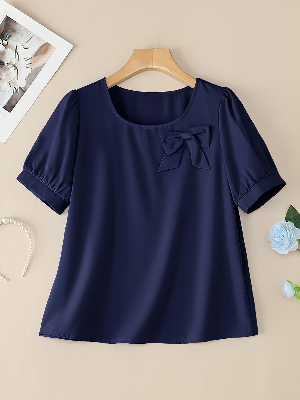 Elegant Casual Square Neck Short Sleeve Shirt with Bow and Puff Sleeves, Solid Color Top - Navy Color