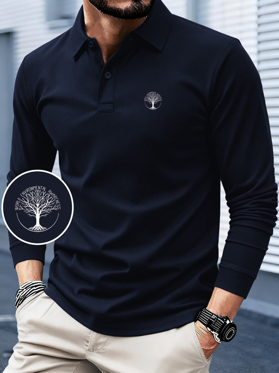 HC2-3493# Tree of Life Minimalist Fashion Pattern Print, 2025 Autumn And Winter New Long-Sleeved POLO Shirt, Color-Blocking Design, Fashionable And Advanced, Lapel Top, Comfortable And Breathable Fabric, Wrinkle-Resistant And Anti-Pilling - Navy Color