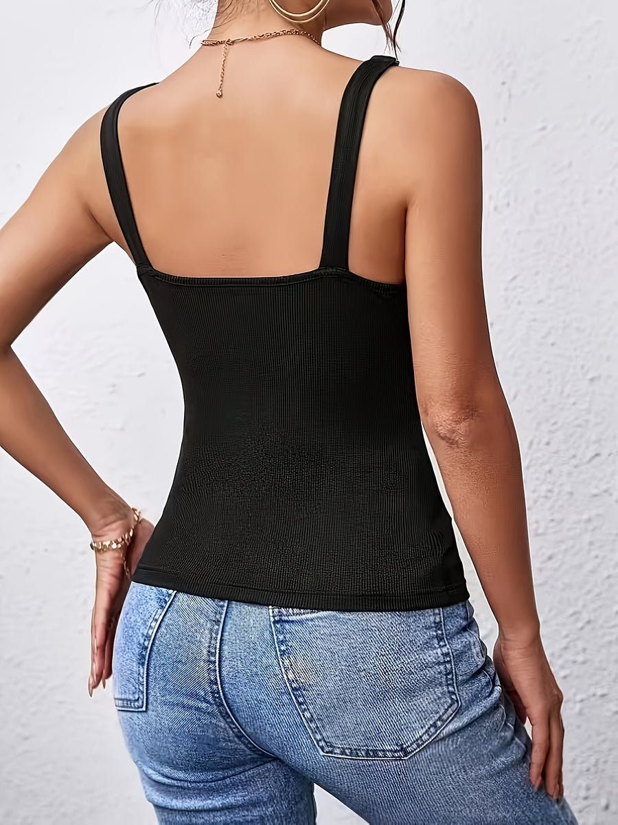 Ins Trendy Cool Chain Decor Cami Top, Solid Color Ribbed Slim Fit U-Neck Top, Western Style Niche Design Essential Outfit, Sexy Chain Strap Cami Top Women'S, Solid Color Ribbed Slim Fit Sleeveless Top, Western Fashion Individual Versatile Item - Black