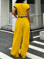 Women's 2pcs Set: Black and White Contrast Striped Cropped Top + Letter-Print Waistband Wide-Leg Pants in Western Hot Style - Yellow