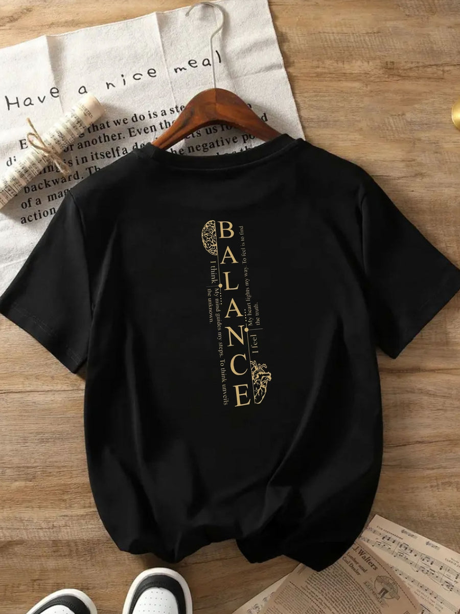 Women's Front And Back Printed T-Shirt, Featuring a Design That Symbolizes Inner Balance. This Stylish And Casual Short-Sleeve Top Is Suitable for And Casual Attire Throughout The Seasons, with a Fun Printed Design - Black