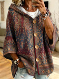 Plus Size, European and American Vintage Style Plus-Size Hooded Sweatshirt with Paisley Print and Wooden Button Cardigan Design. Loose Batwing Sleeves Conceal and Slim the Figure, Ethnic Style Couple's Outerwear, Showcasing Bohemian Fashion Charm - Multicolor 1