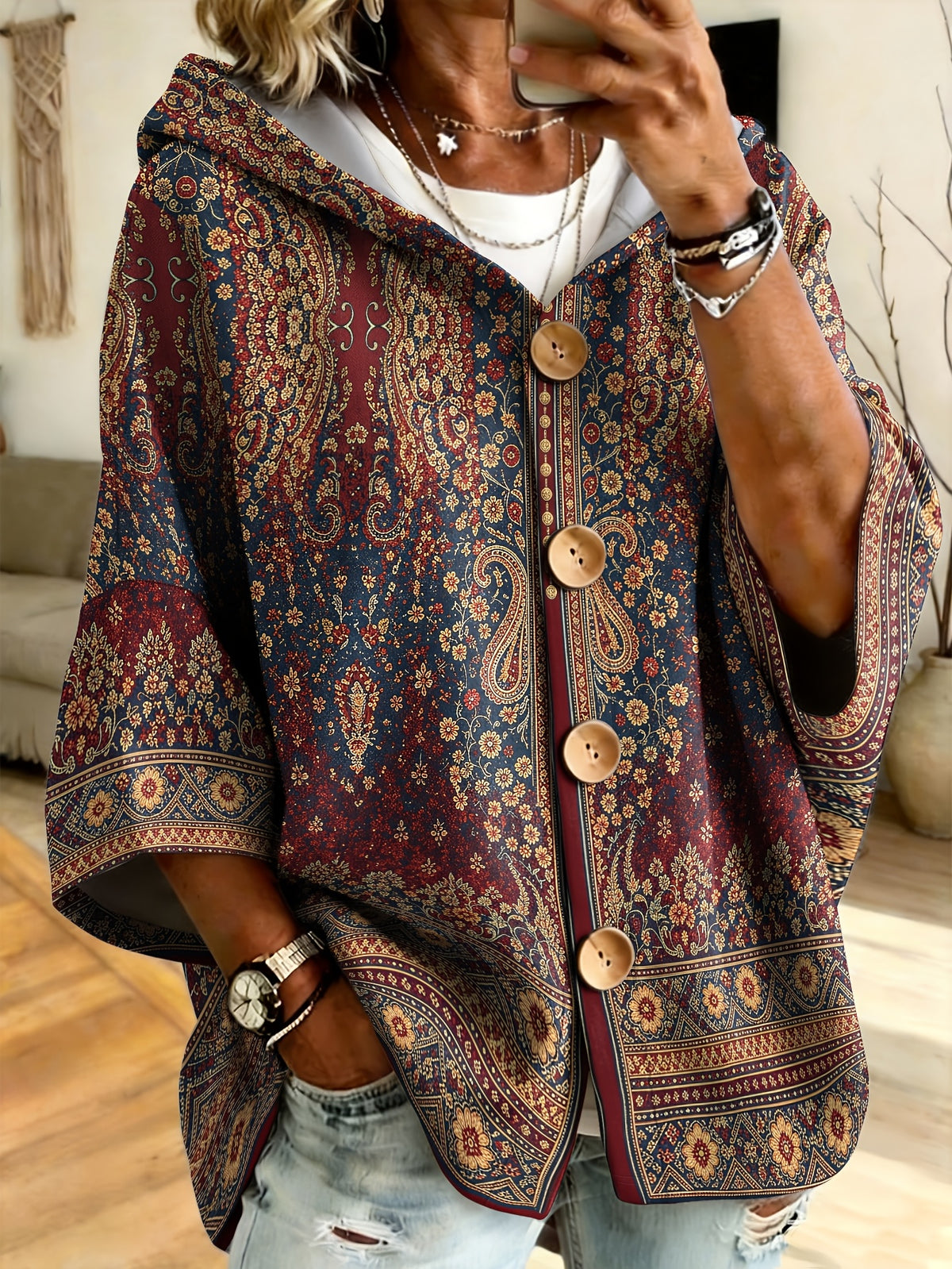 Plus Size, European and American Vintage Style Plus-Size Hooded Sweatshirt with Paisley Print and Wooden Button Cardigan Design. Loose Batwing Sleeves Conceal and Slim the Figure, Ethnic Style Couple's Outerwear, Showcasing Bohemian Fashion Charm - Multicolor 1