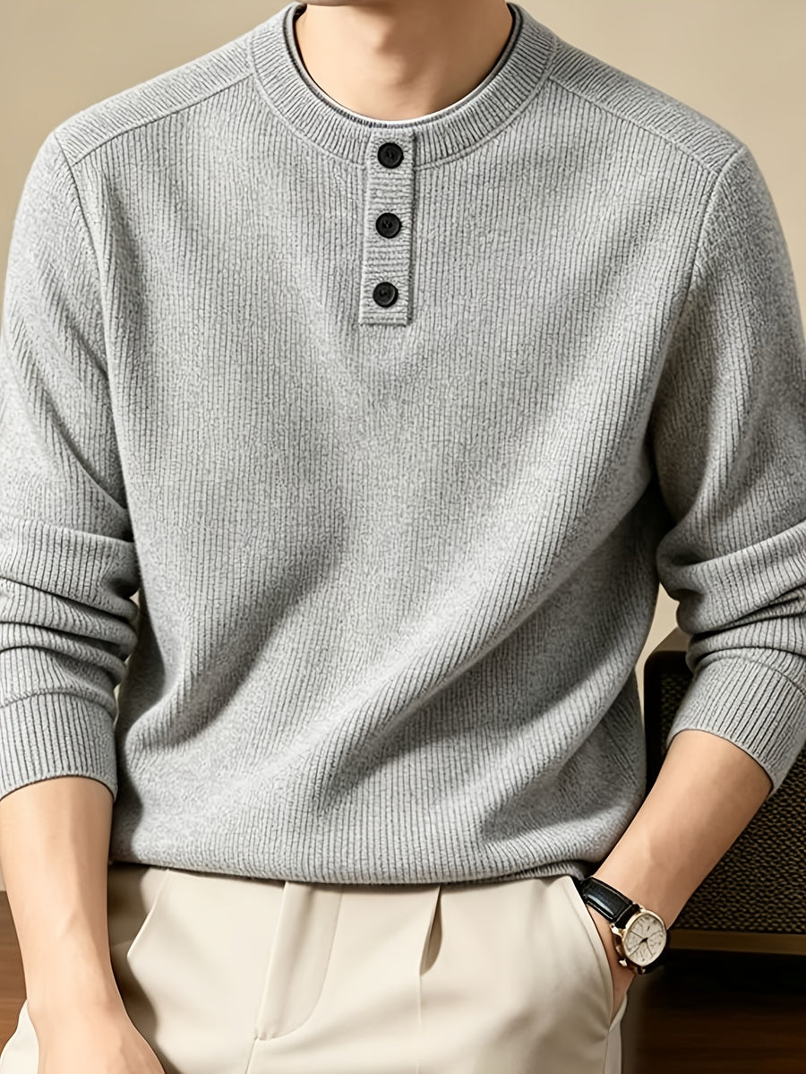 Men'S Henley Collar Knit Pullover Sweater, Half-Button Placket Design, Contrast Edge Trim Neckline Casual Easy Knit Top - 【Light Grey】