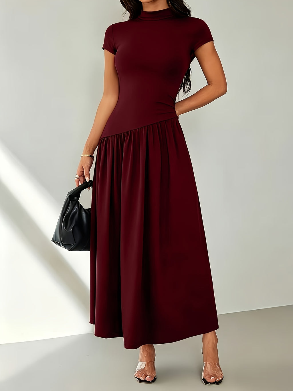 Women's Solid Color Stand Collar Puff Sleeve Pleated Long Casual Dress, Summer Dress - Deep Red