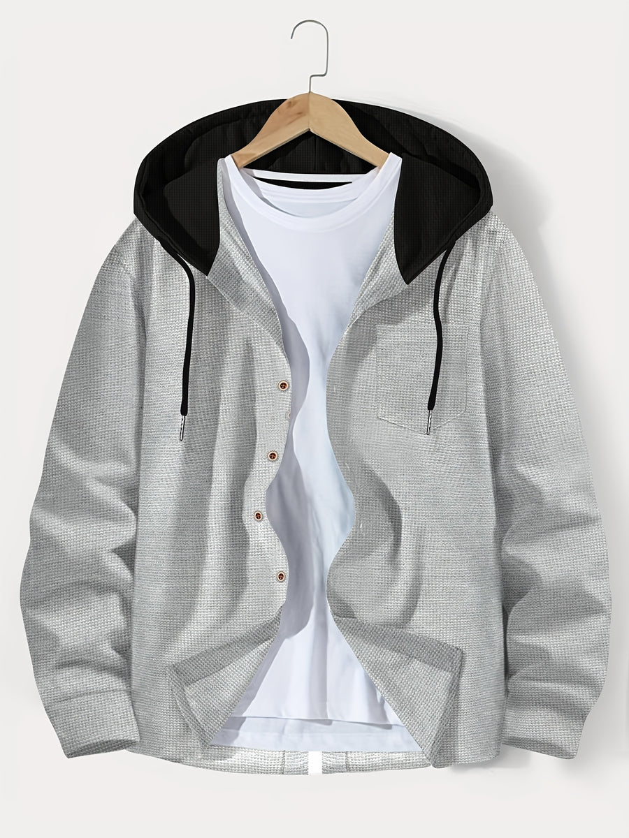 Men's Casual Hooded Jacket - Soft, Breathable Polyester with Button-Up Design & Pockets | Perfect for Spring, Fall & Outdoor Activities, Long Sleeve, Fashion, Daily, Leisure Style, Conventional Version - Grey