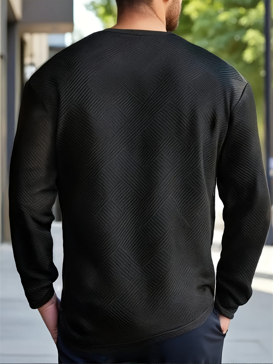 Men'S Spring Autumn Casual Long Sleeve Sweatshirt Daily All-Match Heavy Jacquard Round Neck Sweatshirt, Regular Fit, Outdoor, Crew Neck, Geometric Print - Black