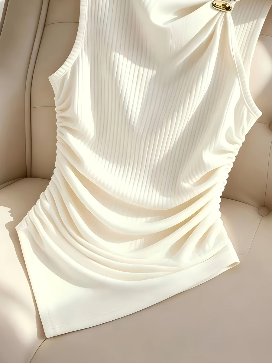 Women'S Summer Casual Top, Slant Collar Metallic Button Ribbed Versatile Temperament Women'S Top, Slant Collar Sleeveless Design with Metallic Button Embellishment And Side Ruching And Irregular Hem, Ribbed Texture, Temperament Commuter Style - Apricot