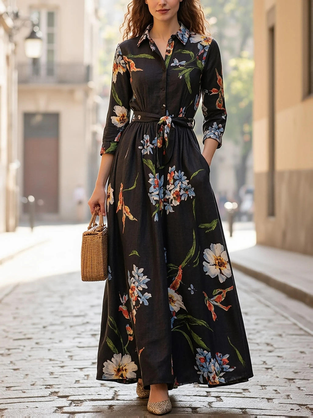 Women's Vintage Floral Shirt Dress with Lapel Collar, Waist-Cinching Tie, and Flared Hem, Elegant Long Dress for Commuting and Dating - Black