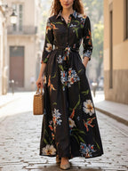 Women's Vintage Floral Shirt Dress with Lapel Collar, Waist-Cinching Tie, and Flared Hem, Elegant Long Dress for Commuting and Dating - Black
