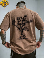 Officially Licensed by Warner. Featuring The Cartoon Print of Le Yitong'S Mischievous Wolf. This Men'S Distressed T-Shirt Is a New Summer Style with Faded And Retro Look. Perfect for Daily Wear - Coffee Color