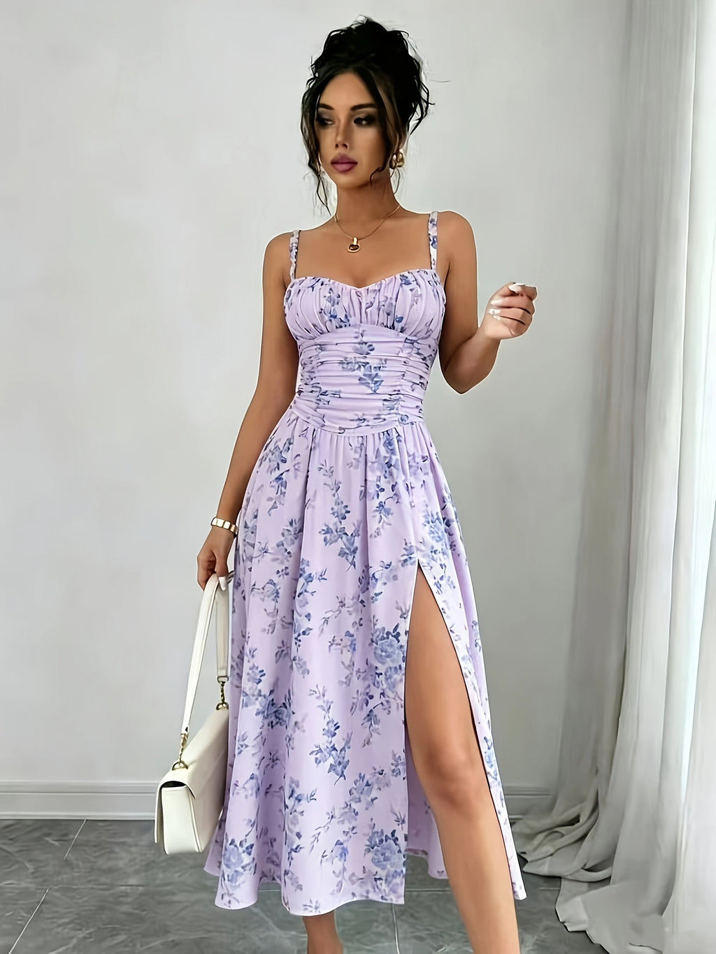 Elegant Printed Bohemian-style High-slit Zipper Dress for Women, Suitable for Weddings, Spring/summer Vacations, and Other Occasions, Elegant and Charming - Purple