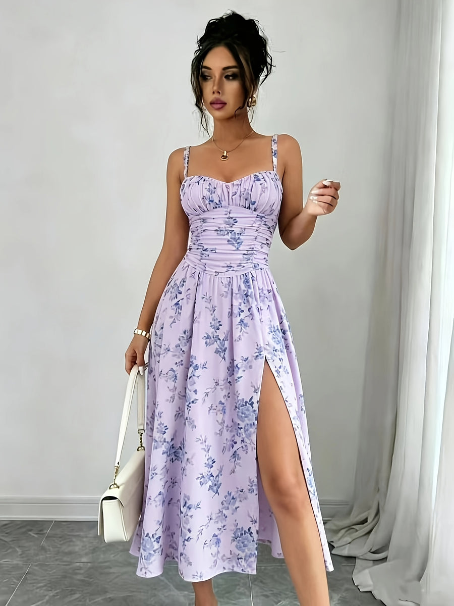 Elegant Printed Bohemian-style High-slit Zipper Dress for Women, Suitable for Weddings, Spring/summer Vacations, and Other Occasions, Elegant and Charming - Purple