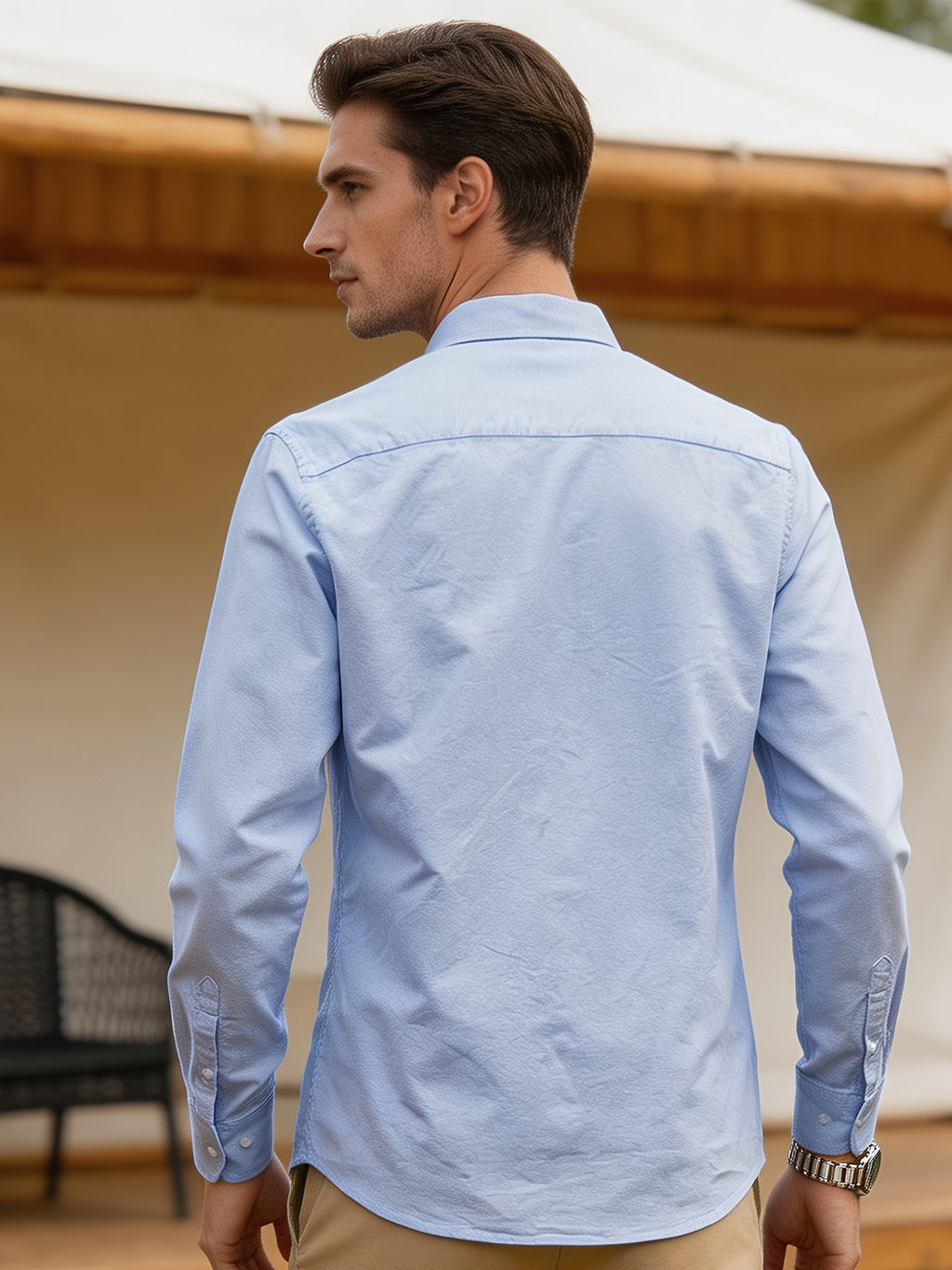 Spring/Autumn Men'S Oxford Cloth Collared Shirt, Individual Chest Print Long Sleeve Blouse, Slimming Outdoor Casual Top, Youth Versatile Commute Light Business Men'S Basic Shirt - Light Blue