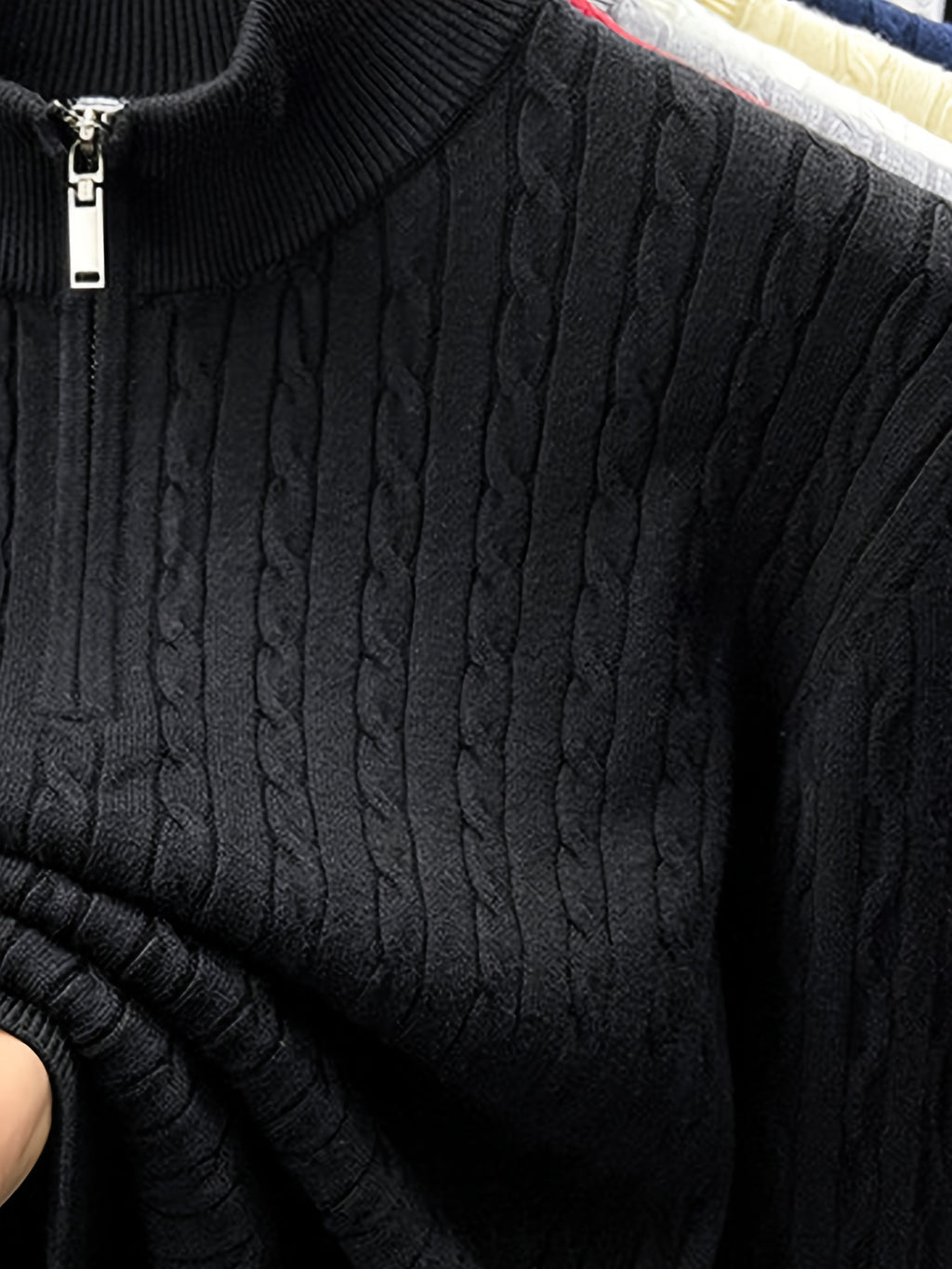Half-zip Cable-knit Sweater, Fully Constructed with Herringbone Cable Stitching for a Strong Three-dimensional Texture. Compared to a Stockinette Sweater, It Has a More Vintage Feel. The Slightly Relaxed Fit Offers Good Forgiveness for Body Shapes - Black