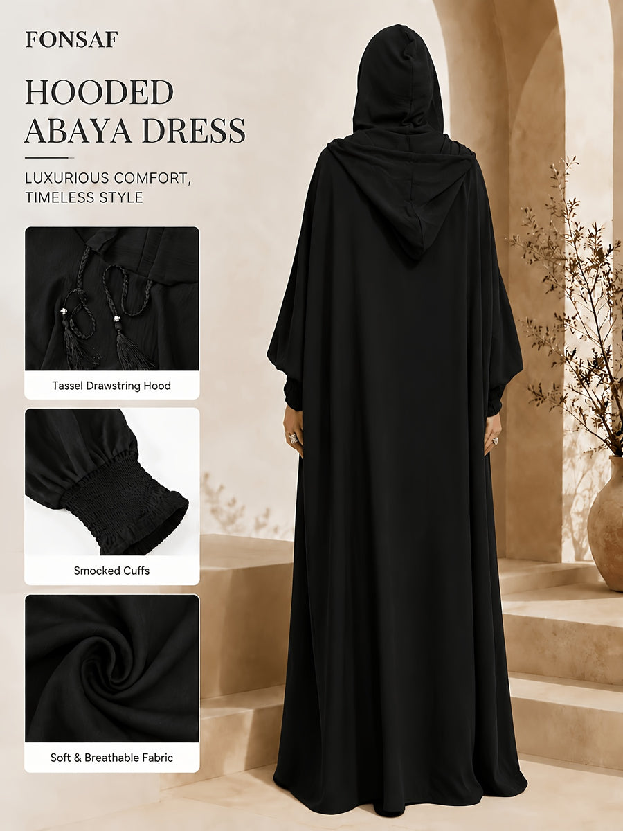 FONSAF - Women'S Hooded Robe - Long Dress in Muslim Style with Adjustable Drawstring Hood; Loose And Comfortable Fit; Ideal for Ramadan Or Eid - Black