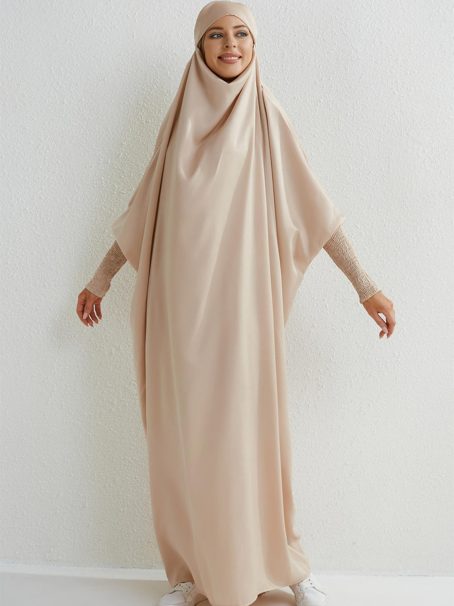 Islamic Attire for Women Featuring a Hooded Jilbab with Smocking Sleeves, Designed for Prayer, Suitable for Modesty in Dubai And Saudi Arabia, Available in Black - Apricot