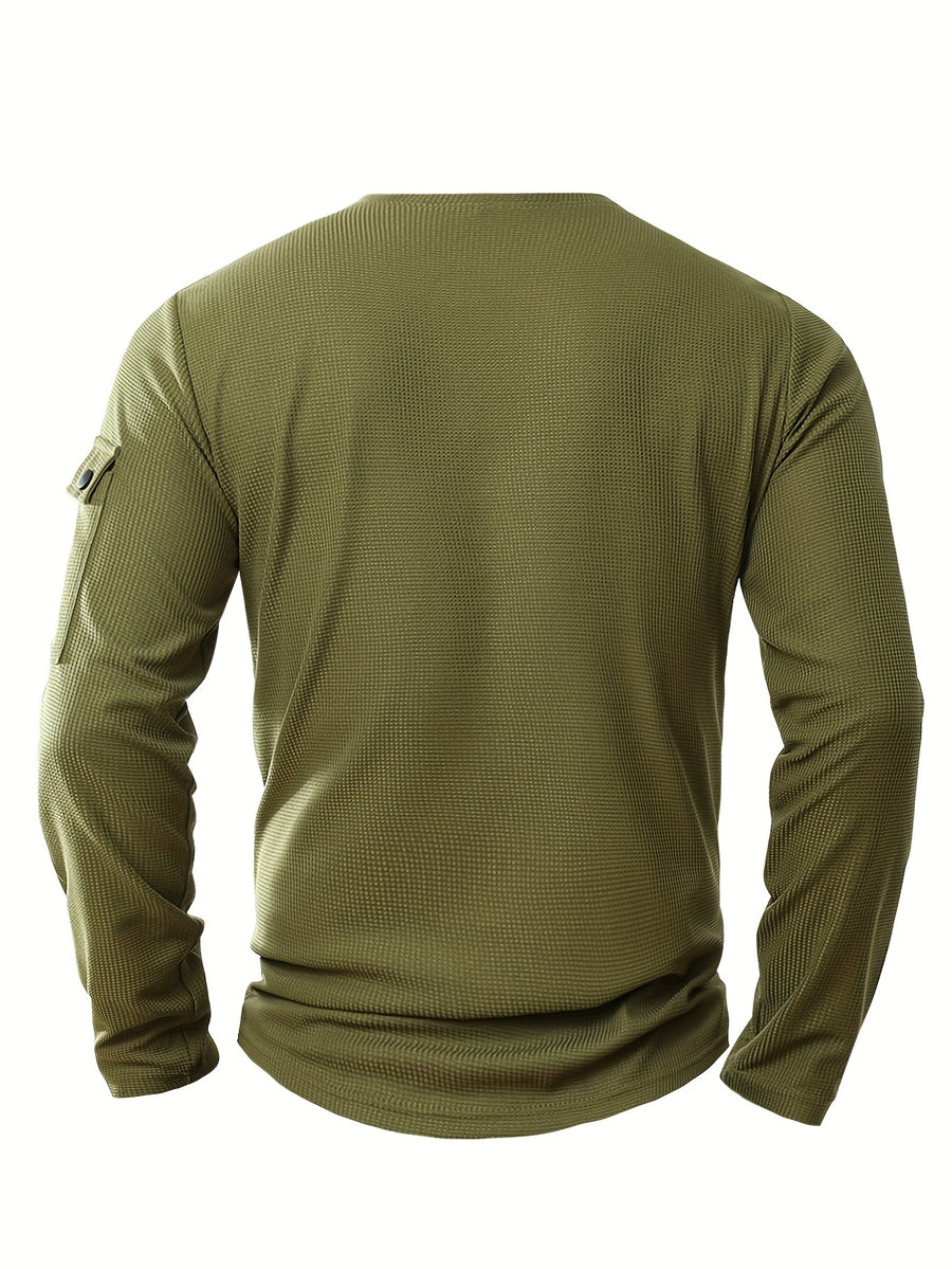 3pcs Men'S Spring Autumn New Waffle Check Fake Two-Piece Round Neck Long Sleeve Shirt Easy Armbag Design Fashion Trendy Convenient Daily Commuting Sports Fitness Wear - Black+Navy Blue+Green