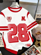 [Printed Design-Not Textured] Men'S Graphic T-Shirt - White/Red Block Color with Bold '28' Number, Breathable Summer Short Sleeve Shirt, Sporty Street Style Casual Top, Machine Washable Casual Shirt, Ideal Birthday Gift for Him - Mixed Color 10
