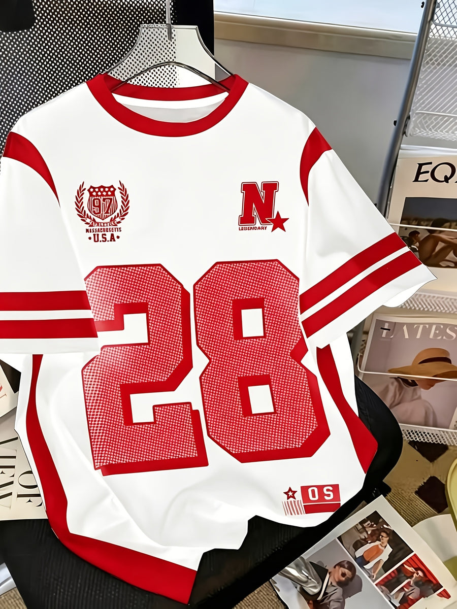 [Printed Design-Not Textured] Men'S Graphic T-Shirt - White/Red Block Color with Bold '28' Number, Breathable Summer Short Sleeve Shirt, Sporty Street Style Casual Top, Machine Washable Casual Shirt, Ideal Birthday Gift for Him - Mixed Color 10