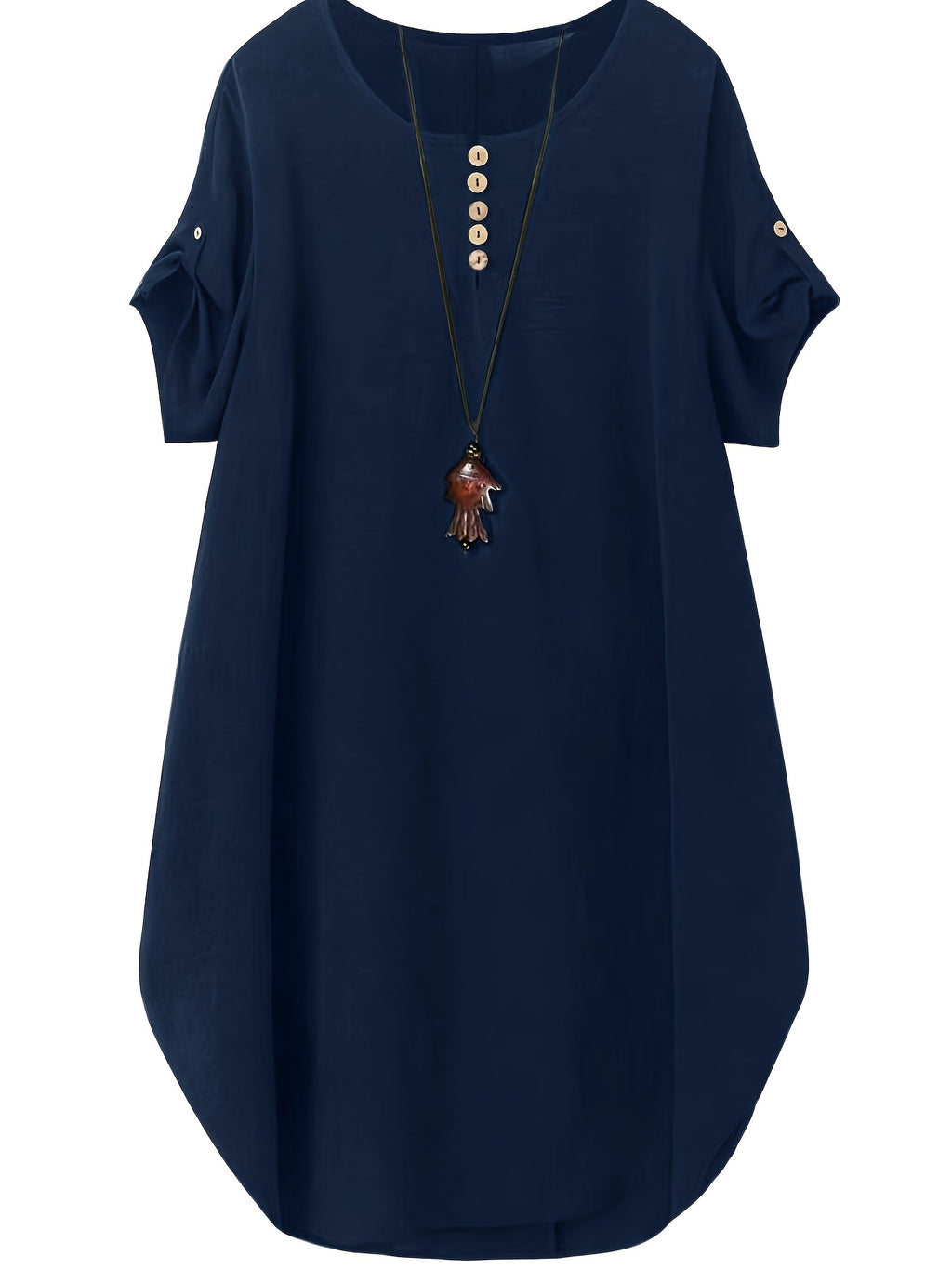 Plus Size, New Plus Size Women's 2pcs Set: Solid Color Dress with Short Sleeves and Women's Top - Green+Navy Blue