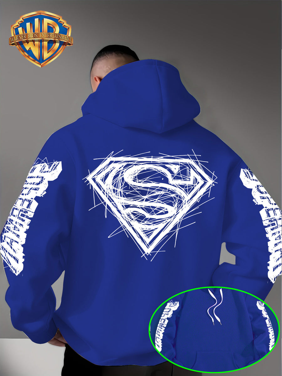 Warner Bros Official Superman Logo Print Men's Trendy Hooded Sweatshirt, Featuring Sleeve Print Design, Kangaroo Pocket, and Drawstring Hood, Suitable for Daily Wear in Autumn and Winter as Well as Outdoor Sports - a Must-have Item for Trend - Blue
