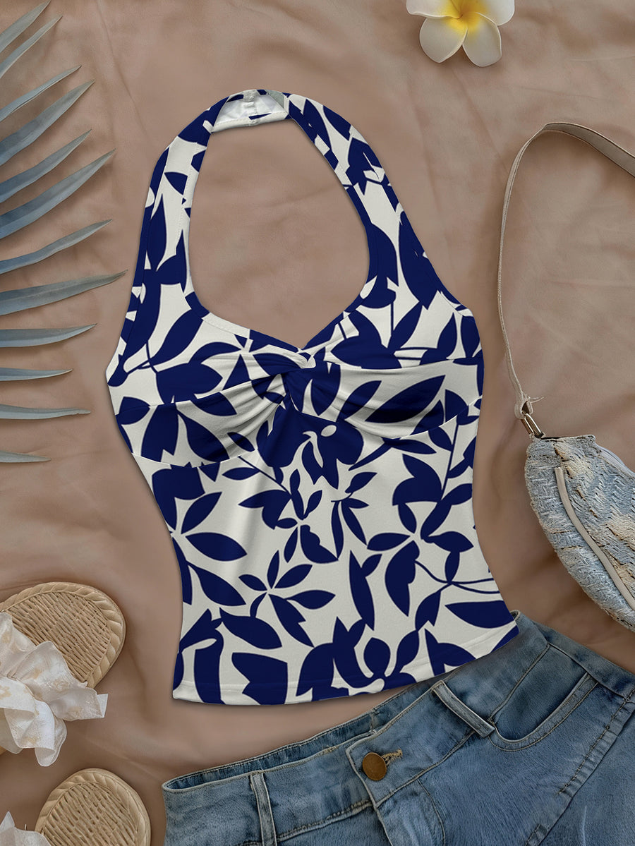 Women'S Spring/Summer New Arrival Daily/Dating/Vacation Casual Printed Twist Front Halter Neck Crop Top - Navy Color