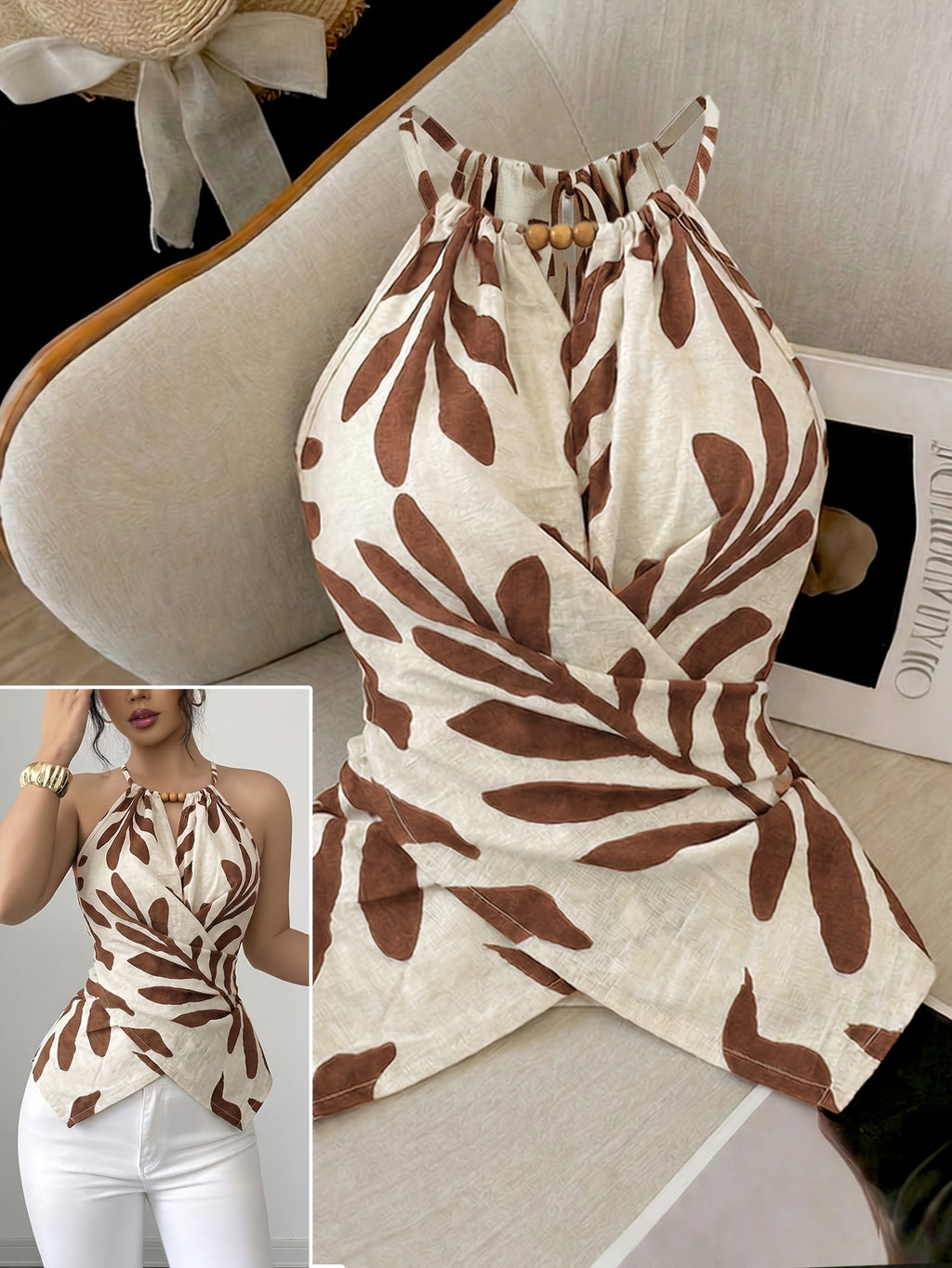 Women'S Casual Vest, Plant Print Cross Back Tie Off-Shoulder Vest, Suitable for Shopping, Vacation, Beach, Travel, Casual Wear - Apricot