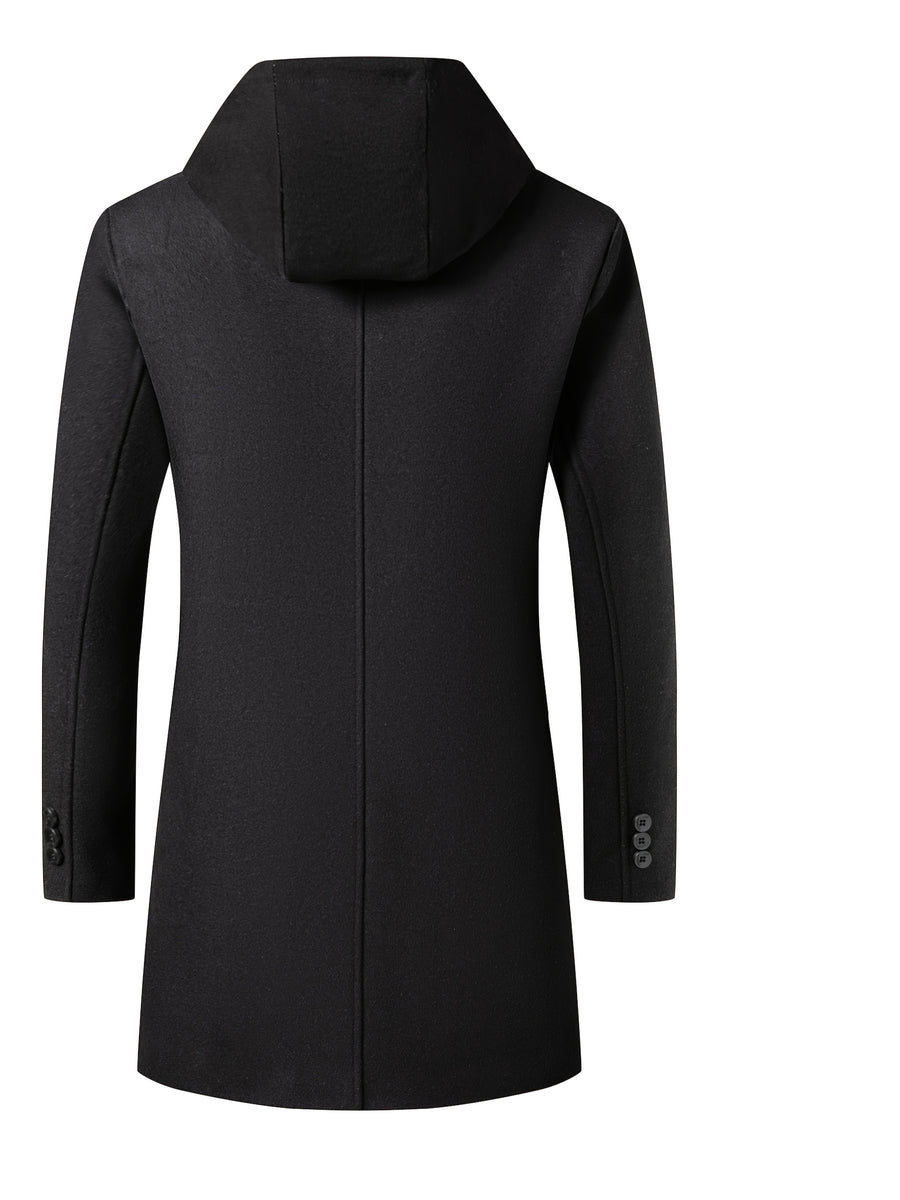 Pearson OBM Youth Men's Student Korean-Style Casual Tweed Wool Blend Overcoat, Mid-Length with Detachable Hood, Trendy Outerwear for Men - Black
