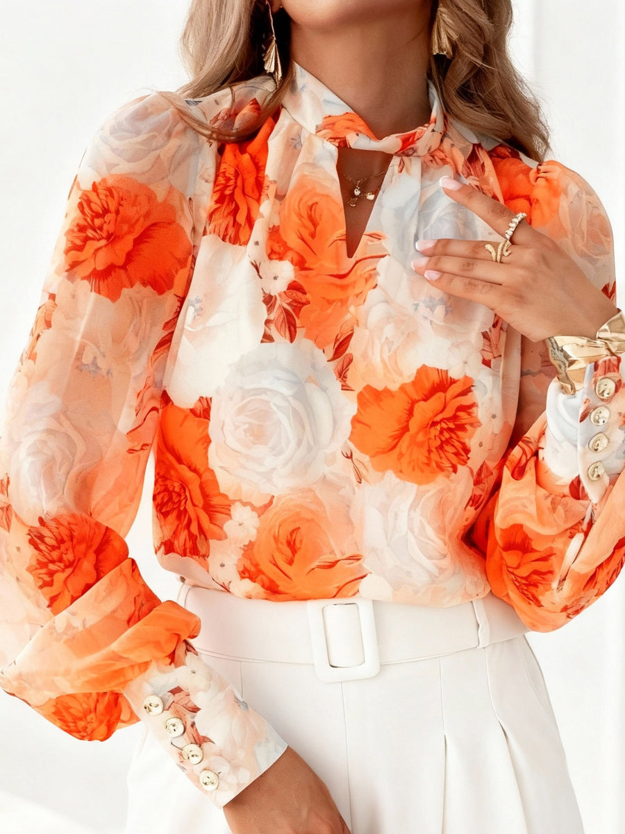 Elegant Women'S Chiffon Printed Long-Sleeved Shirt with Lining, Colorful Floral Patterns Combined with Metal Buckles, Classic Wrap Neckline Design, Exquisite Cuffs Are Eye-Catching, Suitable for Daily Fashion Wear, Vacation And Leisure - Orange-Red