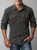 Autumn Men's Vintage Distressed Dark Gray Denim Shirt, Hand-Washed Denim Shirt, Double-Pocket Lapel Black Denim Shirt with Long Sleeves, American Workwear Style with Double Patched Pockets and Topstitching, Long-Sleeve Casual Spring/Autumn Commuter - Graphite Color